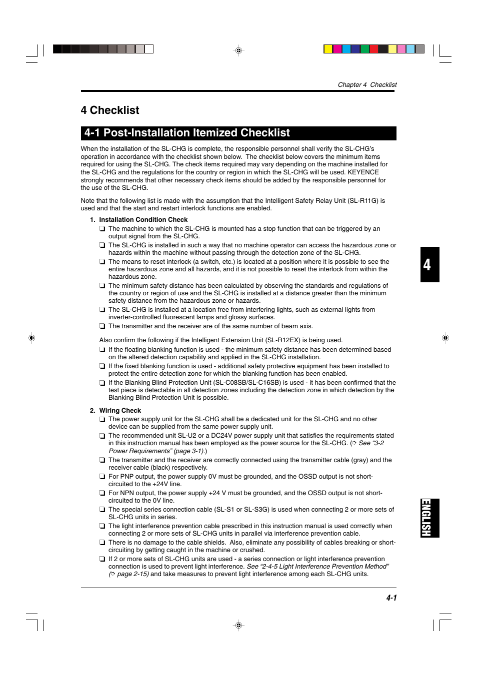 4 checklist, 1 post-installation itemized checklist | KEYENCE SL-CHG Series User Manual | Page 43 / 54