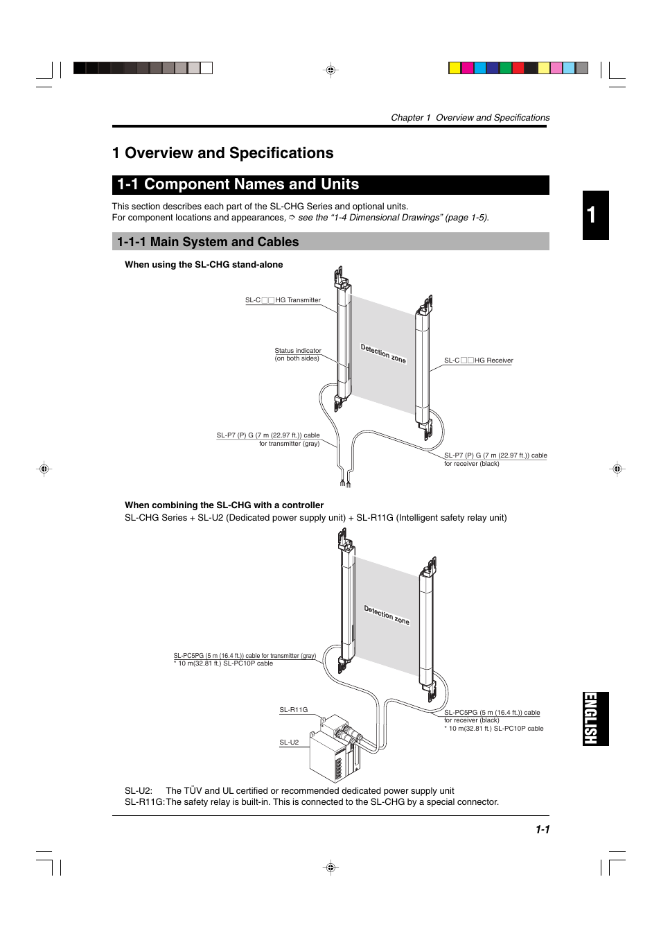 1 overview and specifications, 1 component names and units, 1-1 main system and cables | KEYENCE SL-CHG Series User Manual | Page 9 / 54