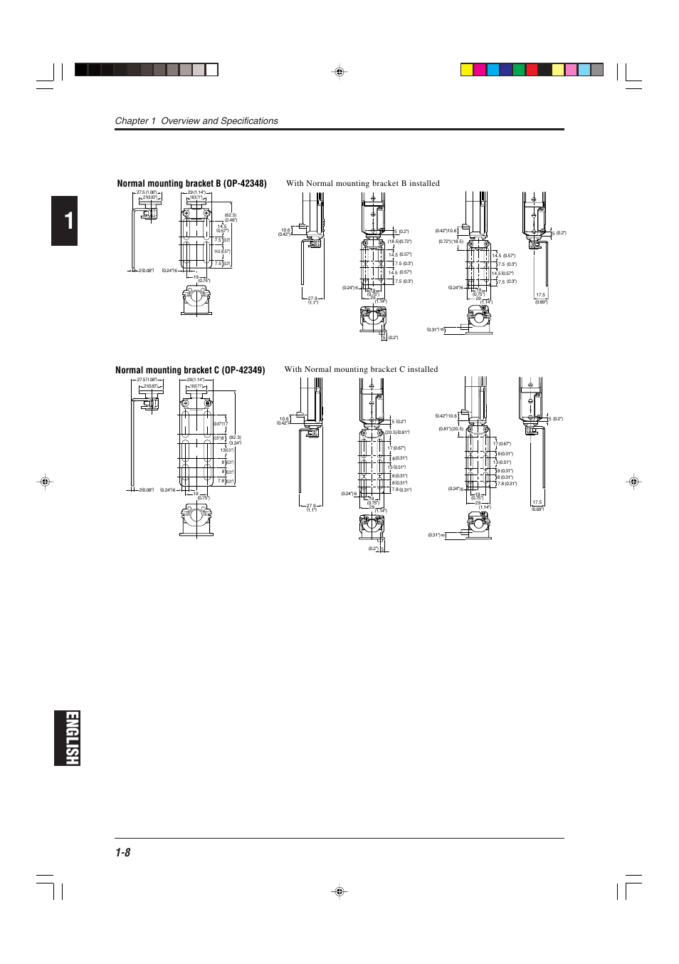 English, Chapter 1 overview and specifications, With normal mounting bracket b installed | With normal mounting bracket c installed | KEYENCE SL-CHS Series User Manual | Page 16 / 54