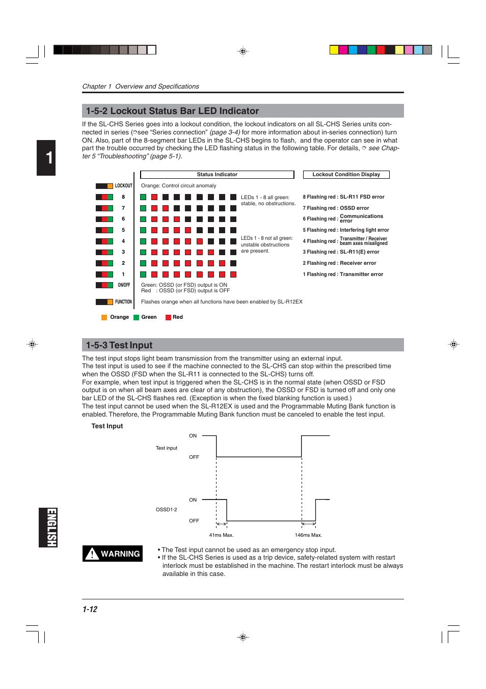 5-2 lockout status bar led indicator, 5-3 test input, English | Warning | KEYENCE SL-CHS Series User Manual | Page 20 / 54