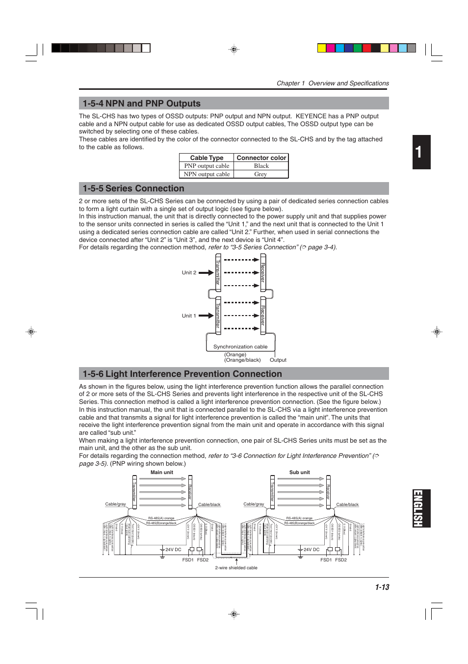 5-4 npn and pnp outputs, 5-5 series connection, 5-6 light interference prevention connection | English, Chapter 1 overview and specifications | KEYENCE SL-CHS Series User Manual | Page 21 / 54