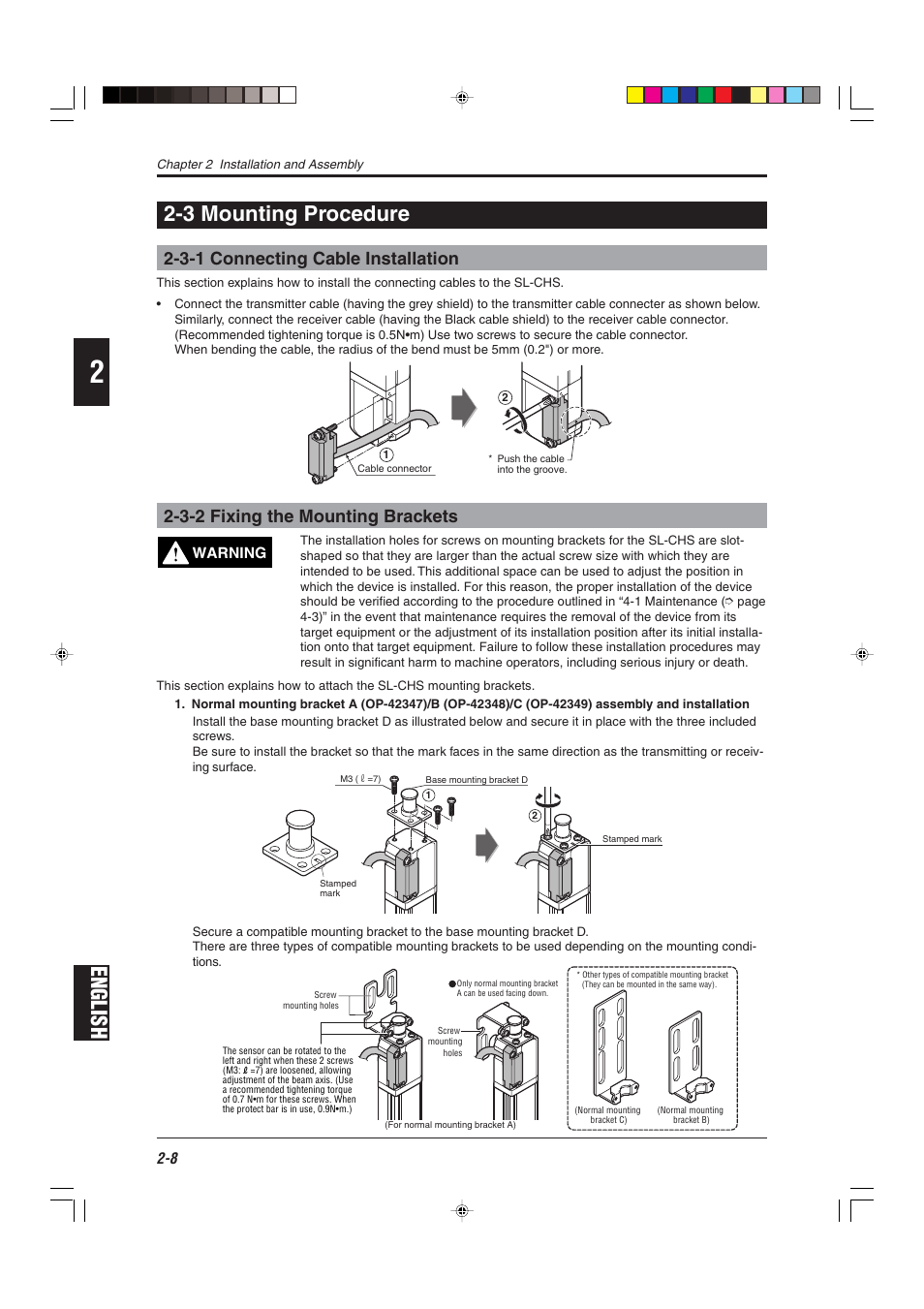 3 mounting procedure, 3-1 connecting cable installation, 3-2 fixing the mounting brackets | English, English 2-3 mounting procedure | KEYENCE SL-CHS Series User Manual | Page 30 / 54