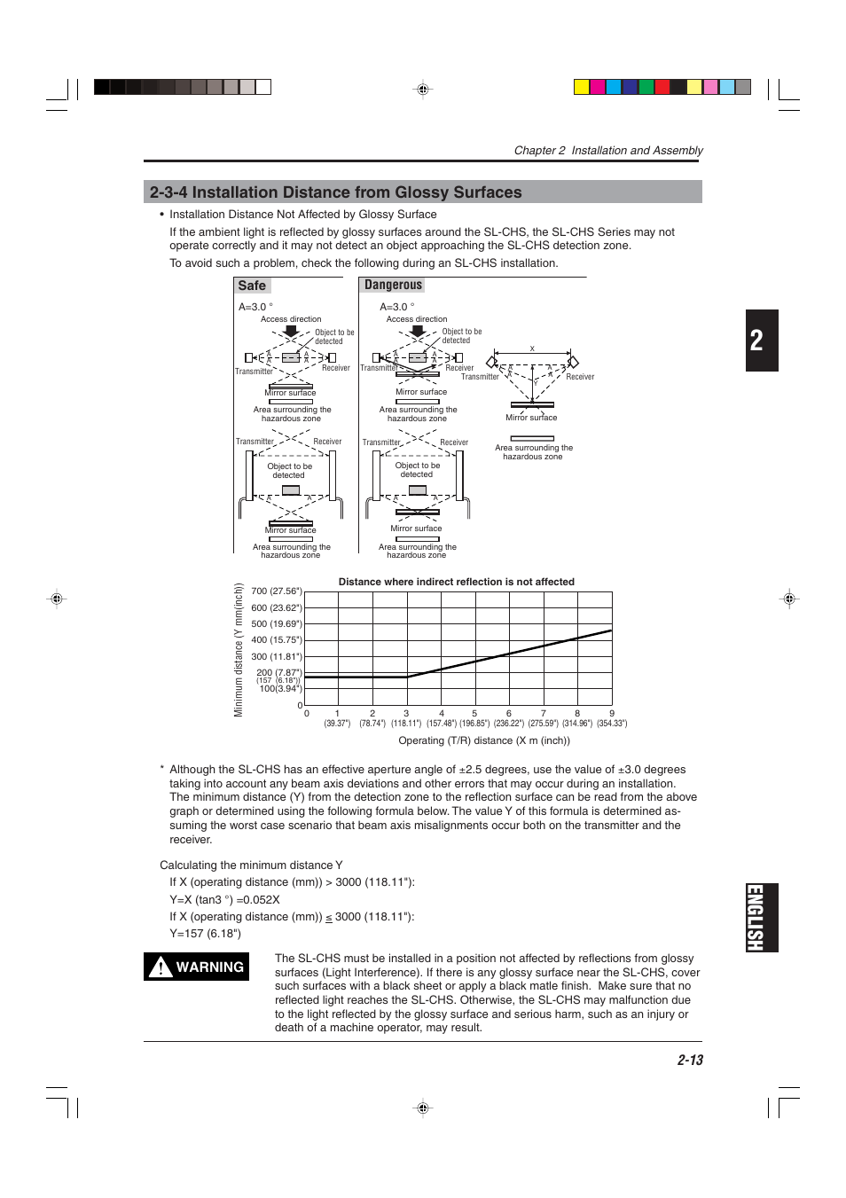 3-4 installation distance from glossy surfaces, English, Warning | Safe dangerous | KEYENCE SL-CHS Series User Manual | Page 35 / 54