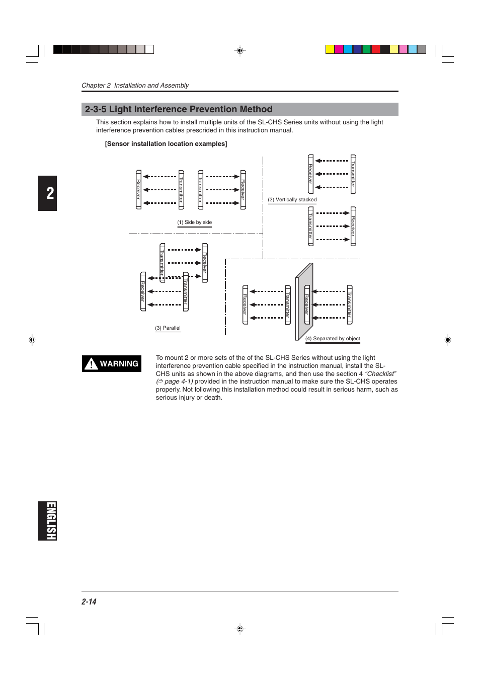 3-5 light interference prevention method, English, Warning | KEYENCE SL-CHS Series User Manual | Page 36 / 54