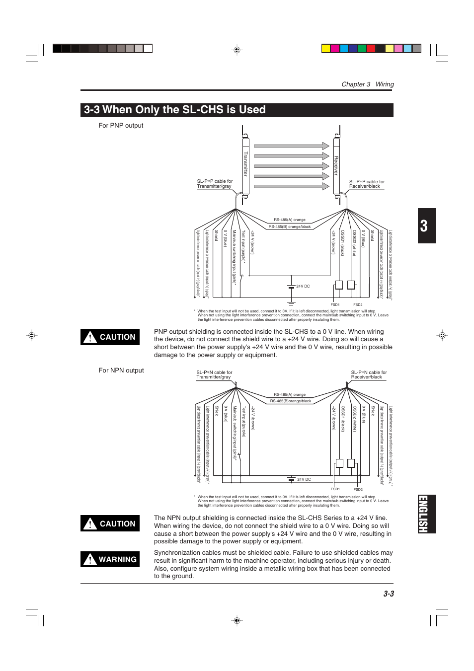 3 when only the sl-chs is used, English 3-3 when only the sl-chs is used, Caution | Warning, Chapter 3 wiring, For pnp output | KEYENCE SL-CHS Series User Manual | Page 39 / 54