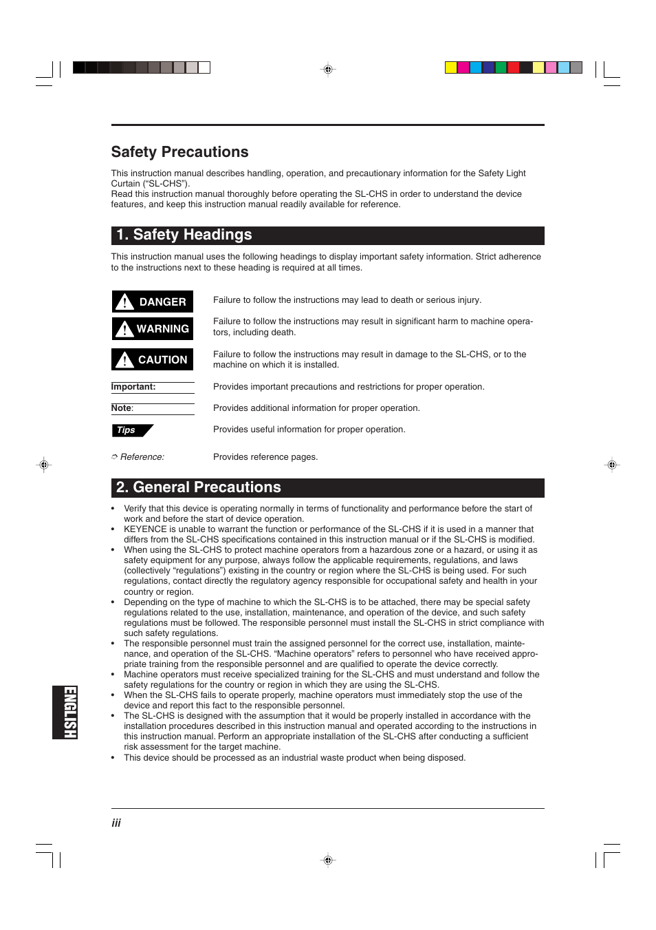 Safety precautions, Safety headings, General precautions | English, English safety precautions | KEYENCE SL-CHS Series User Manual | Page 4 / 54