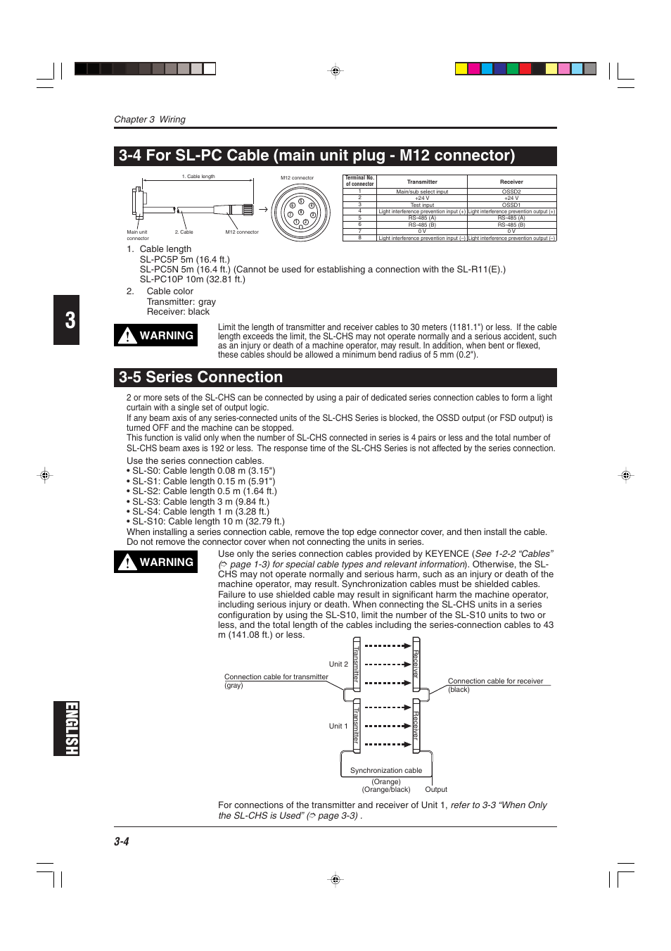 4 for sl-pc cable (main unit plug - m12 connector), 5 series connection, English | Warning | KEYENCE SL-CHS Series User Manual | Page 40 / 54