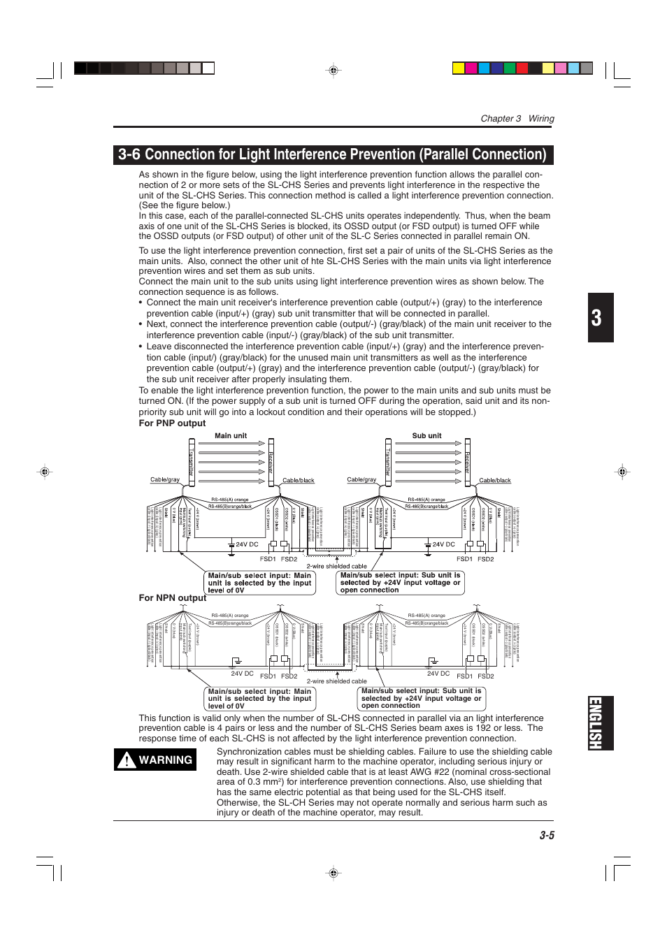 Warning, Chapter 3 wiring, For npn output | KEYENCE SL-CHS Series User Manual | Page 41 / 54