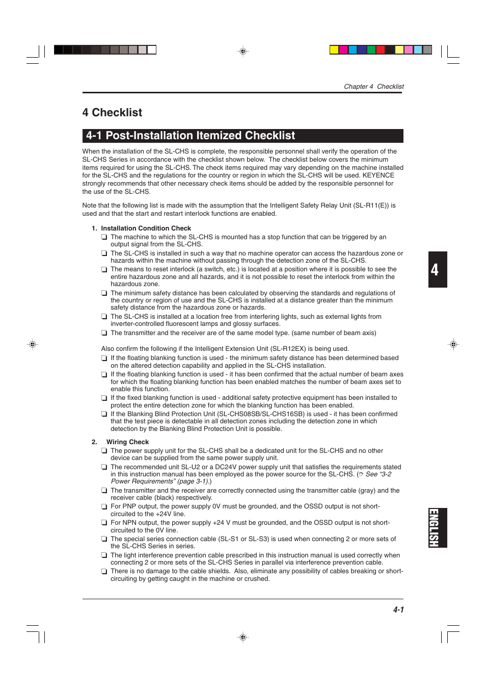 4 checklist, 1 post-installation itemized checklist | KEYENCE SL-CHS Series User Manual | Page 45 / 54