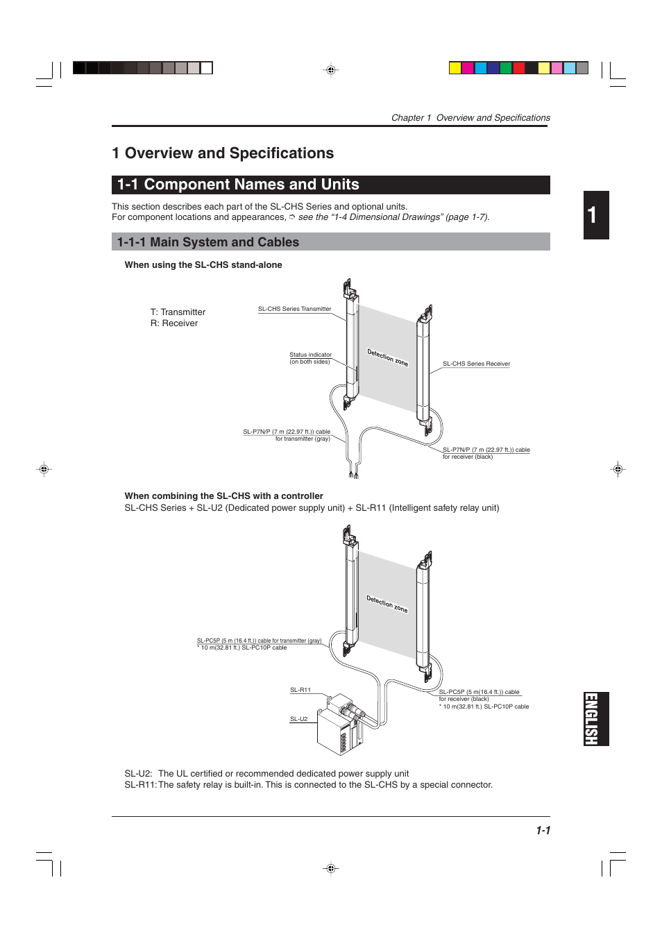 1 overview and specifications, 1 component names and units, 1-1 main system and cables | KEYENCE SL-CHS Series User Manual | Page 9 / 54