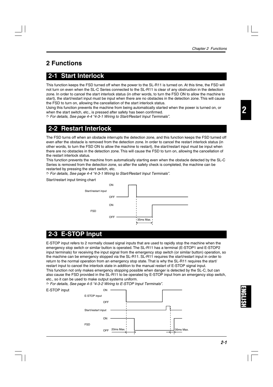 2 functions, 1 start interlock, 2 restart interlock | 3 e-stop input, English 2 functions 2-1 start interlock | KEYENCE SL-R11 User Manual | Page 13 / 42