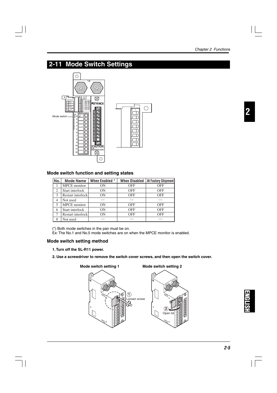 11 mode switch settings, English 2-11 mode switch settings, Mode switch function and setting states | Mode switch setting method | KEYENCE SL-R11 User Manual | Page 17 / 42