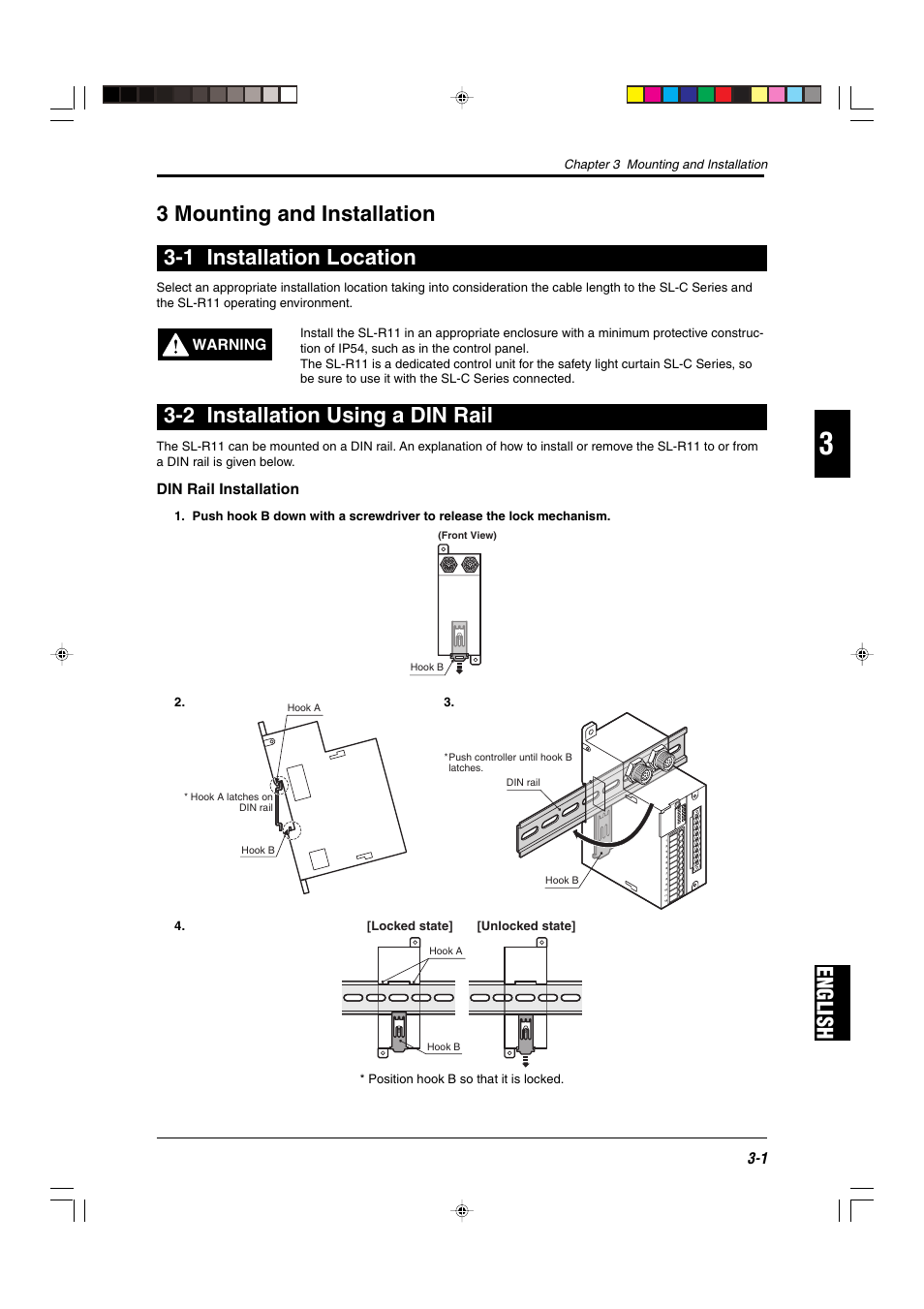 3 mounting and installation, 1 installation location, 2 installation using a din rail | KEYENCE SL-R11 User Manual | Page 21 / 42