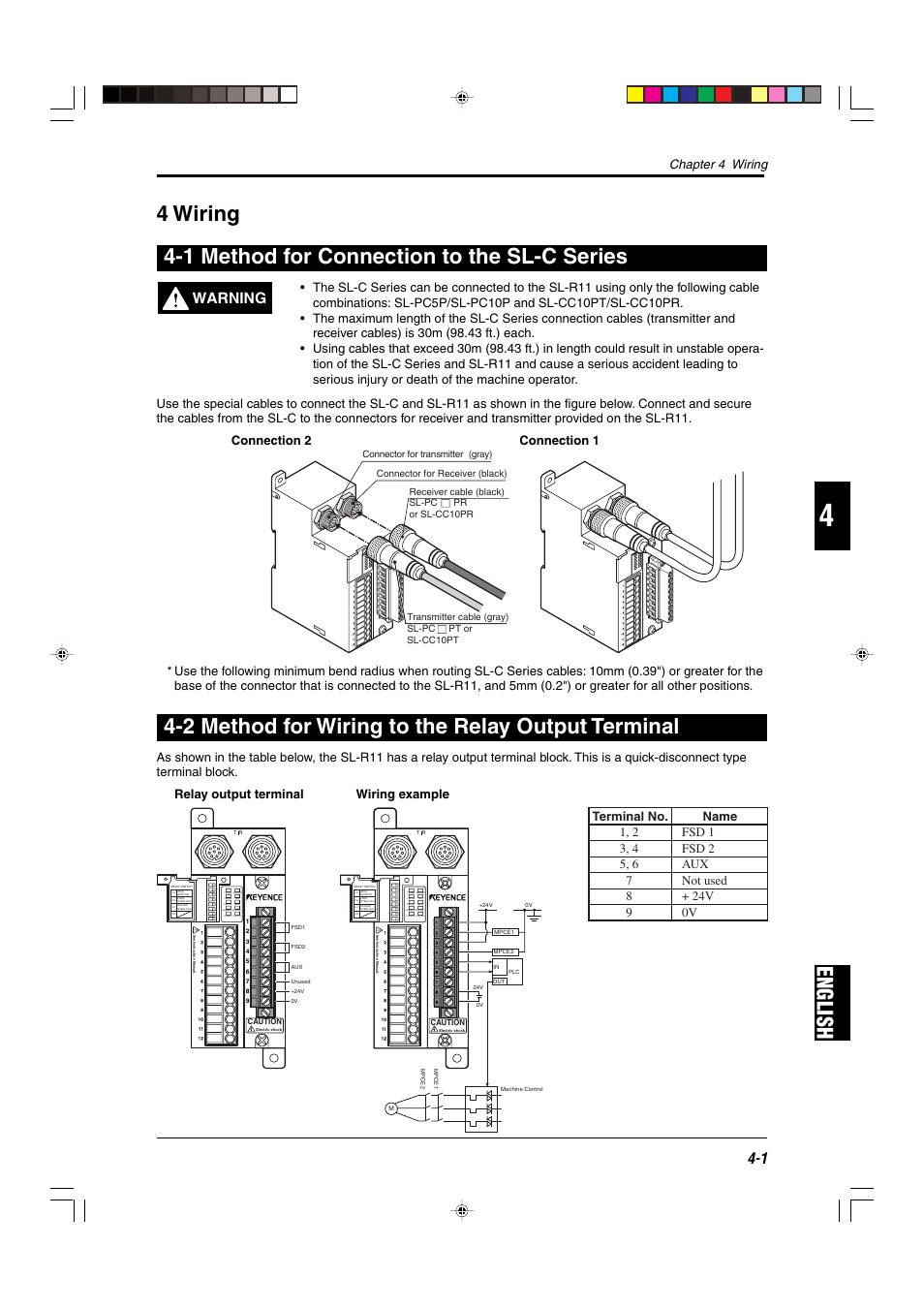 4 wiring, 1 method for connection to the sl-c series, 2 method for wiring to the relay output terminal | Warning, Chapter 4 wiring | KEYENCE SL-R11 User Manual | Page 25 / 42
