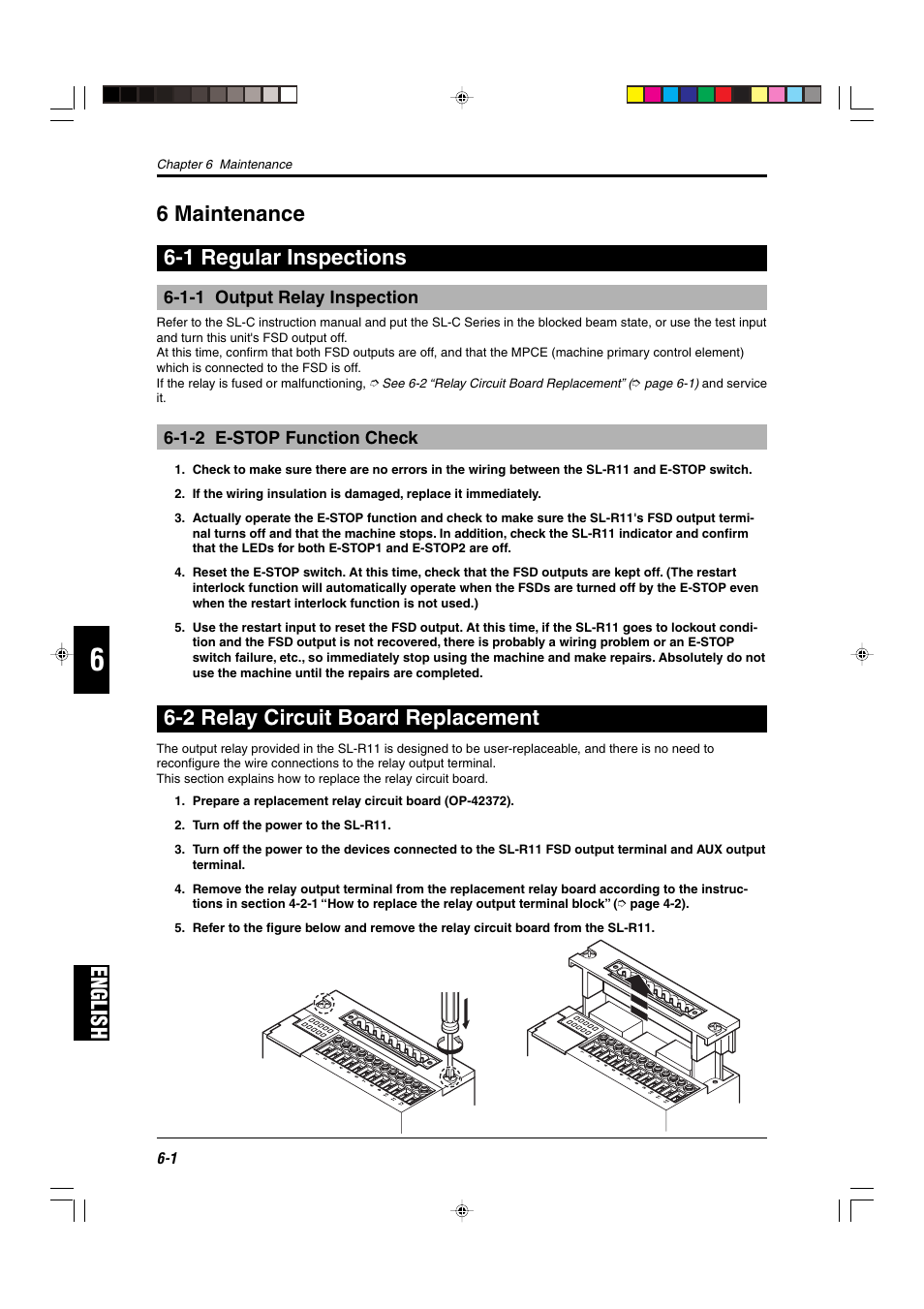 6 maintenance, 1 regular inspections, 1-1 output relay inspection | 1-2 e-stop function check, 2 relay circuit board replacement, English, English 6 maintenance 6-1 regular inspections | KEYENCE SL-R11 User Manual | Page 36 / 42