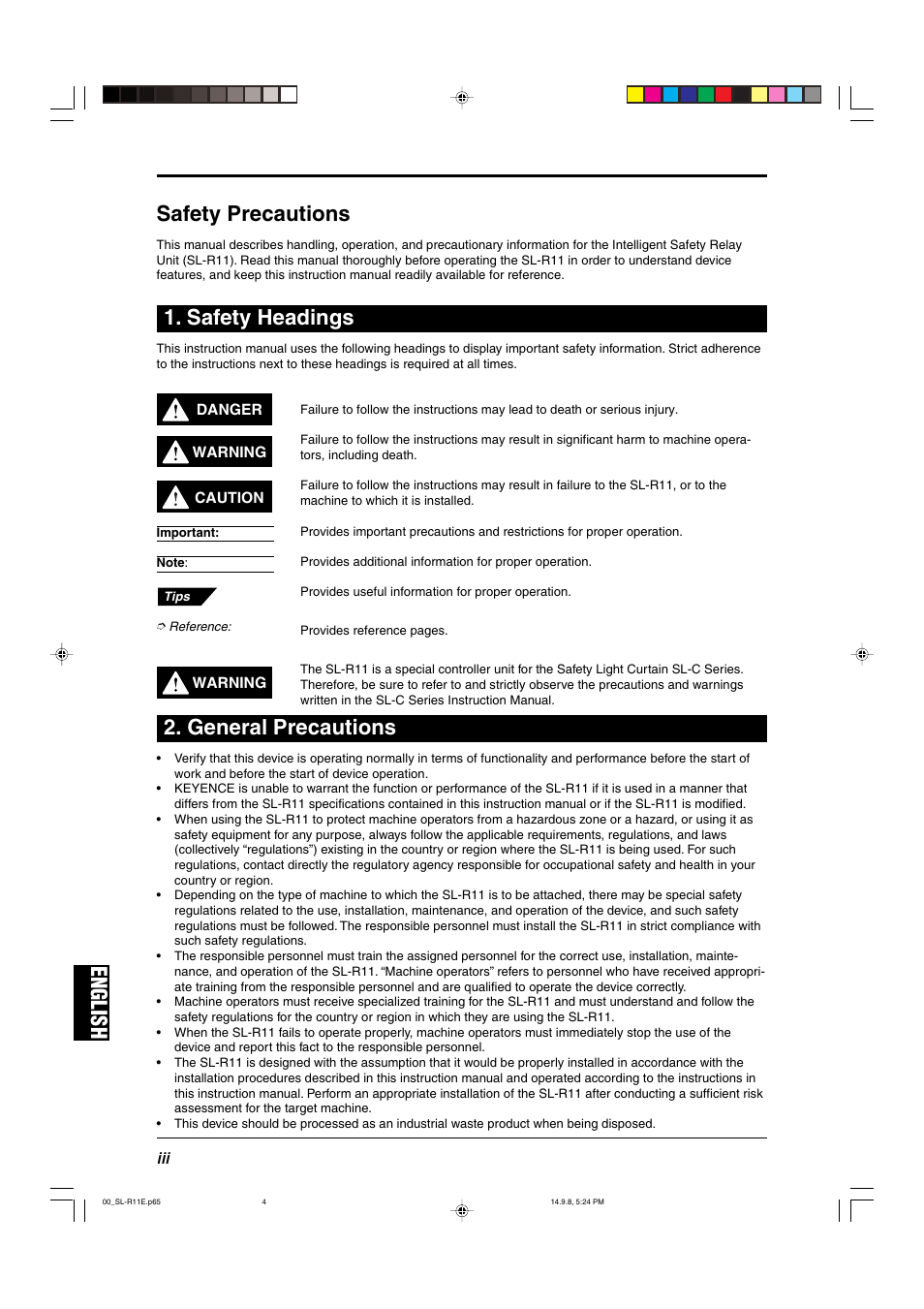 Safety precautions, Safety headings, General precautions | English, English safety precautions | KEYENCE SL-R11 User Manual | Page 4 / 42