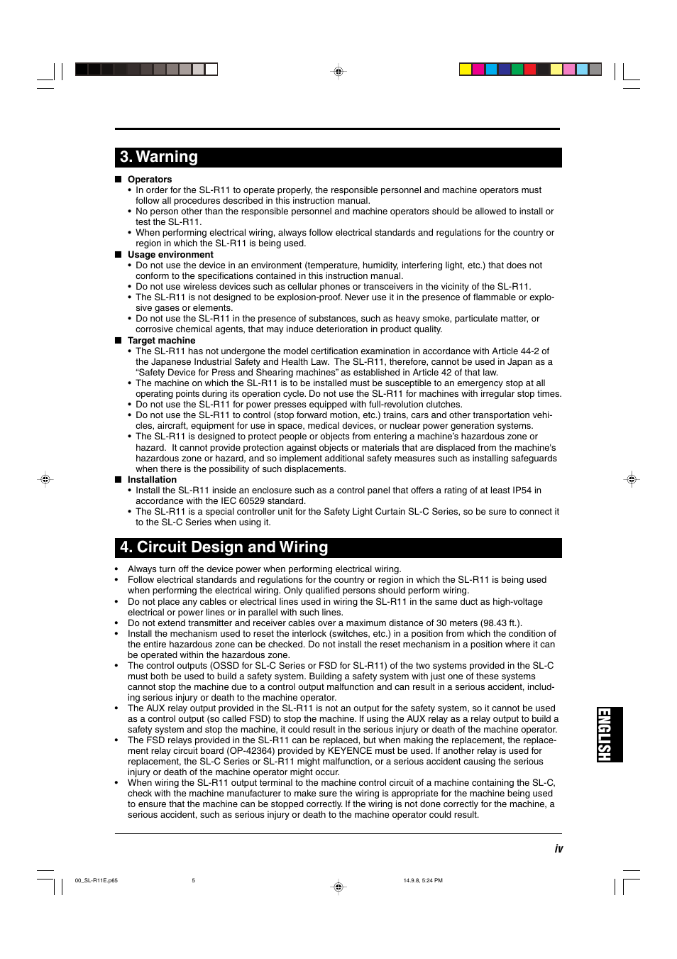 Warning, Circuit design and wiring, English 3. warning | KEYENCE SL-R11 User Manual | Page 5 / 42