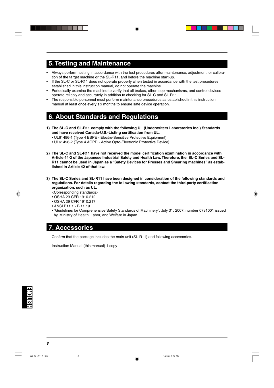 Testing and maintenance, About standards and regulations, Accessories | English, English 5. testing and maintenance | KEYENCE SL-R11 User Manual | Page 6 / 42