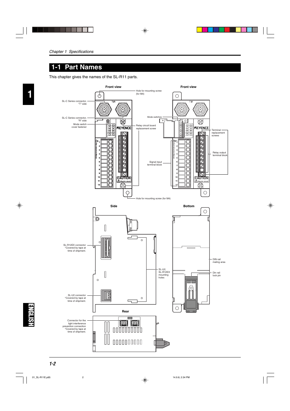 1 part names, English, English 1-1 part names | Chapter 1 specifications, This chapter gives the names of the sl-r11 parts, Front view side front view bottom, Caution, Rear | KEYENCE SL-R11 User Manual | Page 8 / 42