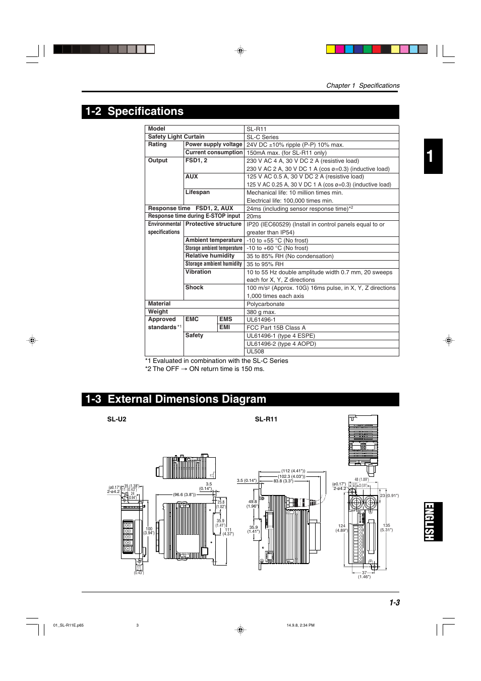2 specifications, 3 external dimensions diagram, English 1-2 specifications | KEYENCE SL-R11 User Manual | Page 9 / 42