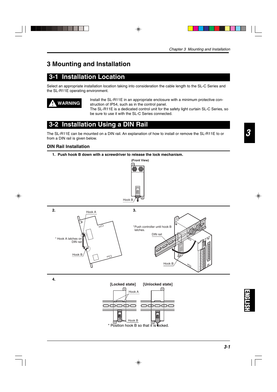 3 mounting and installation, 1 installation location, 2 installation using a din rail | KEYENCE SL-R11E User Manual | Page 23 / 46