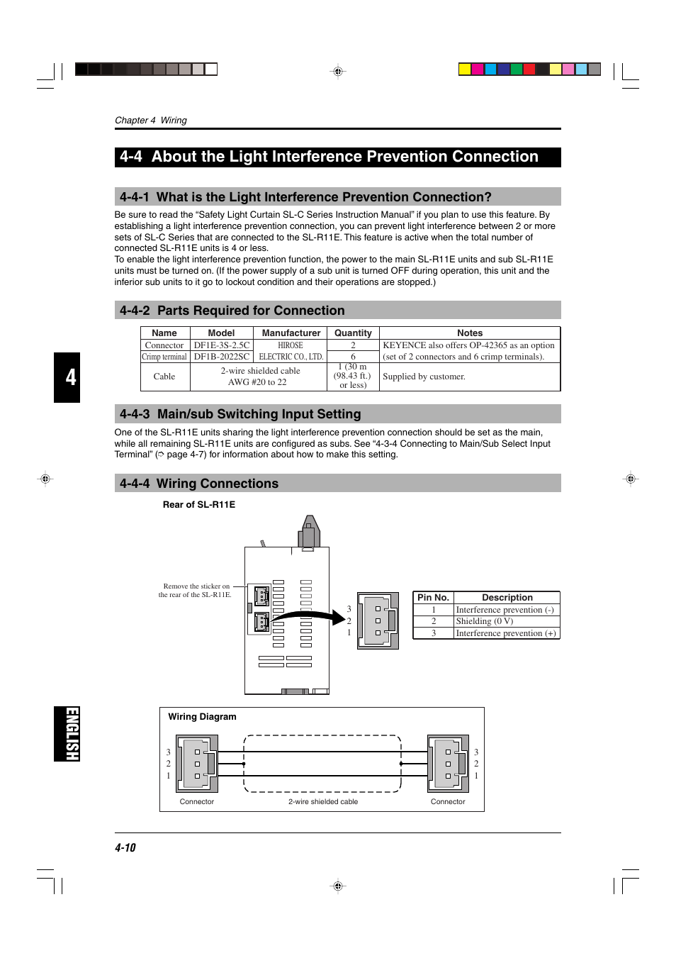 4-2 parts required for connection, 4-3 main/sub switching input setting, 4-4 wiring connections | English | KEYENCE SL-R11E User Manual | Page 36 / 46