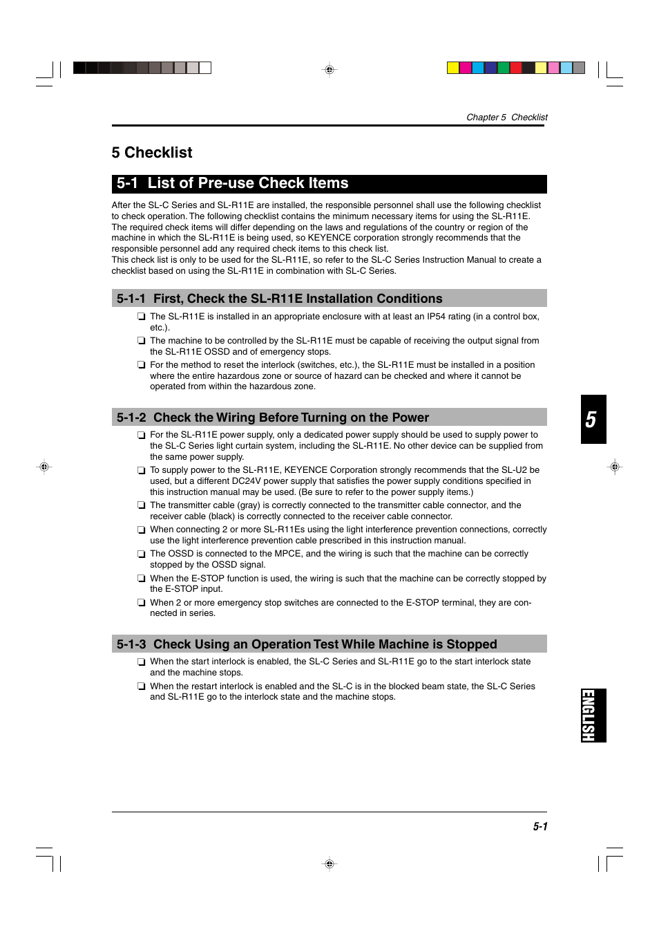 5 checklist, 1 list of pre-use check items, 1-2 check the wiring before turning on the power | KEYENCE SL-R11E User Manual | Page 39 / 46