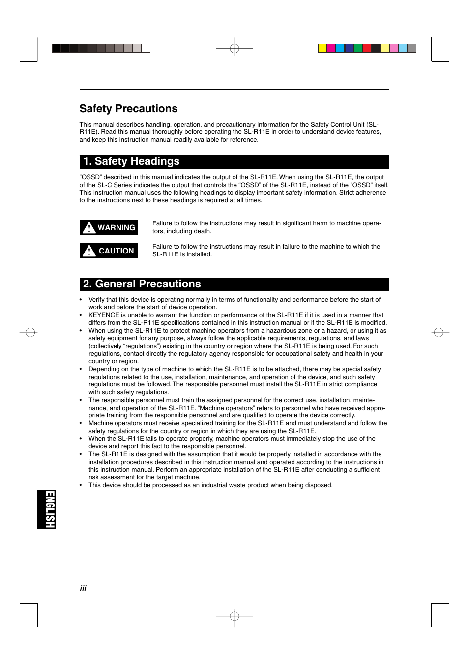 Safety precautions, Safety headings, General precautions | English, English safety precautions | KEYENCE SL-R11E User Manual | Page 4 / 46