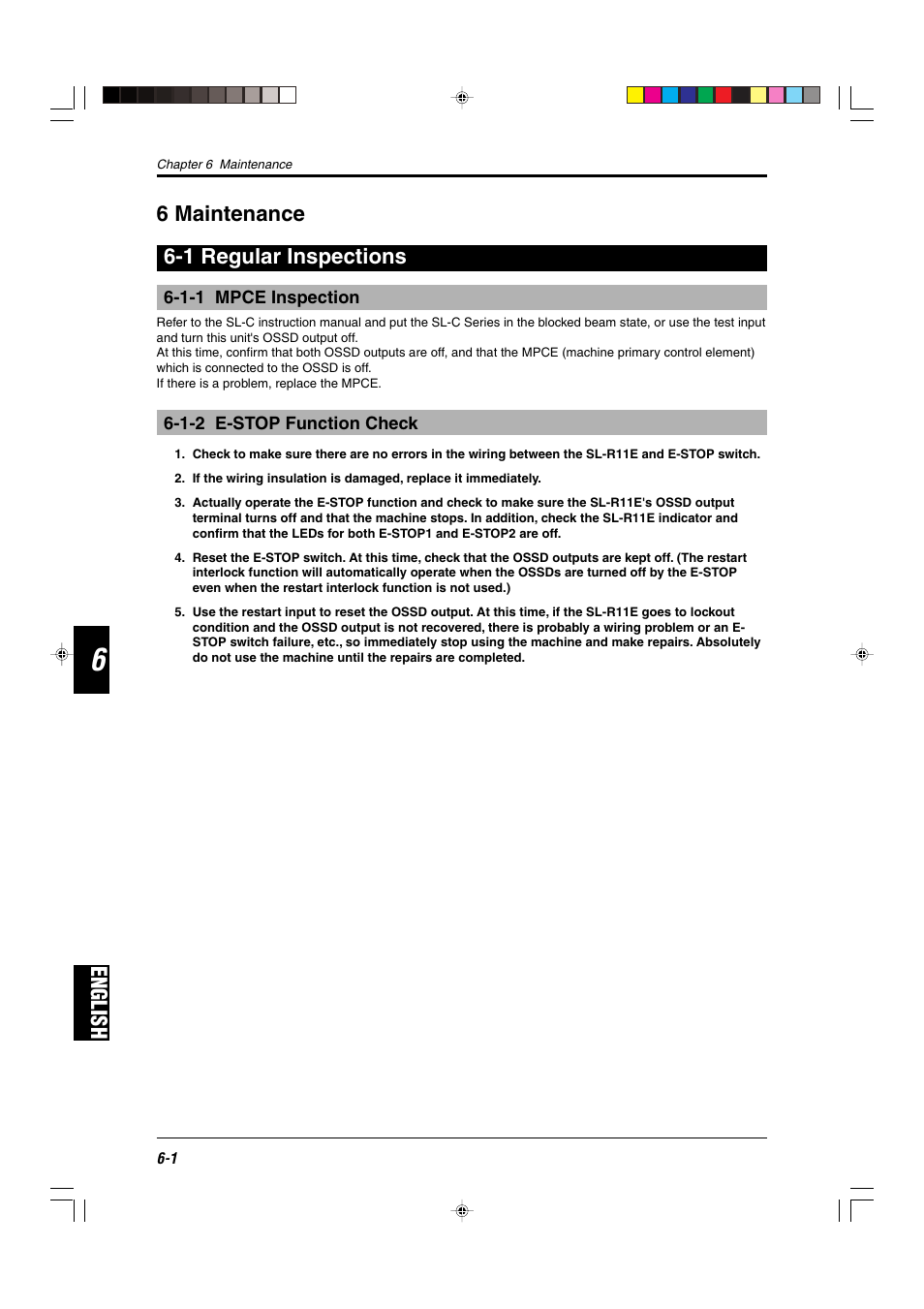 6 maintenance, 1 regular inspections, 1-1 mpce inspection | 1-2 e-stop function check, English, English 6 maintenance 6-1 regular inspections | KEYENCE SL-R11E User Manual | Page 40 / 46