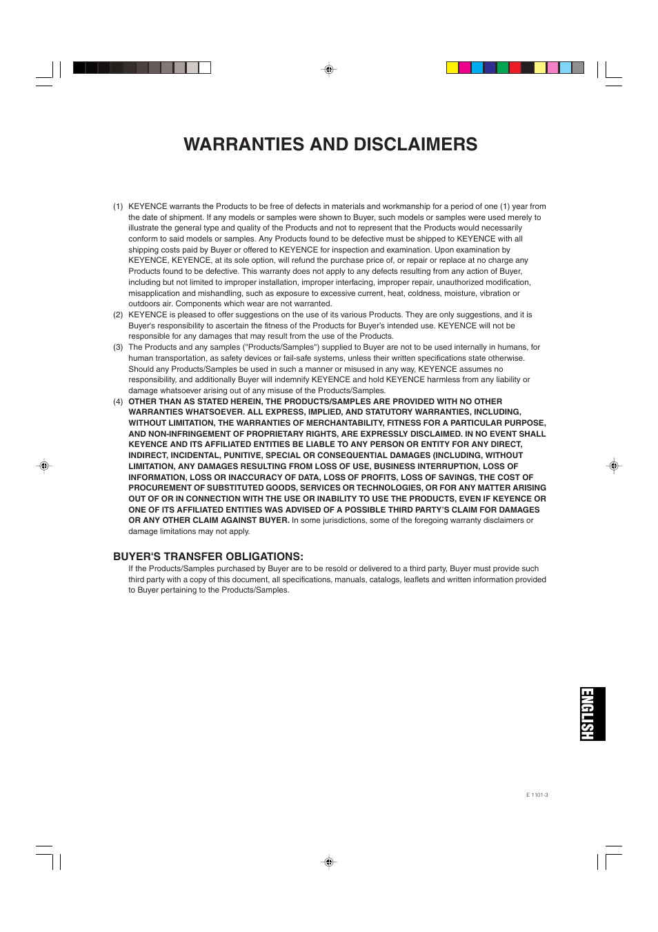 Warranties and disclaimers, English | KEYENCE SL-R11E User Manual | Page 45 / 46