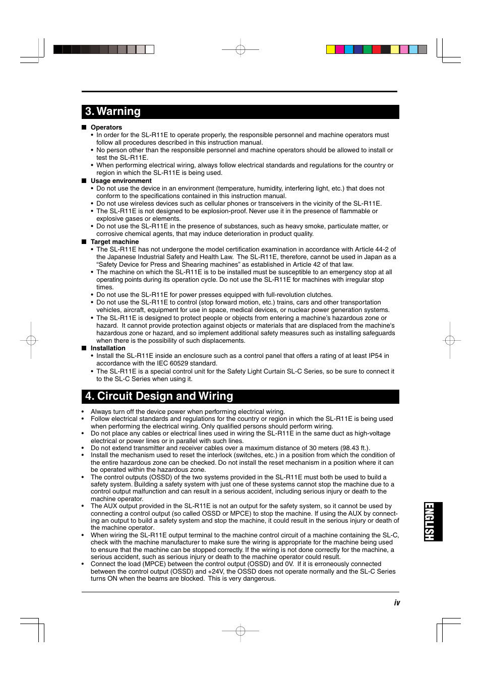 Warning, Circuit design and wiring, English | KEYENCE SL-R11E User Manual | Page 5 / 46