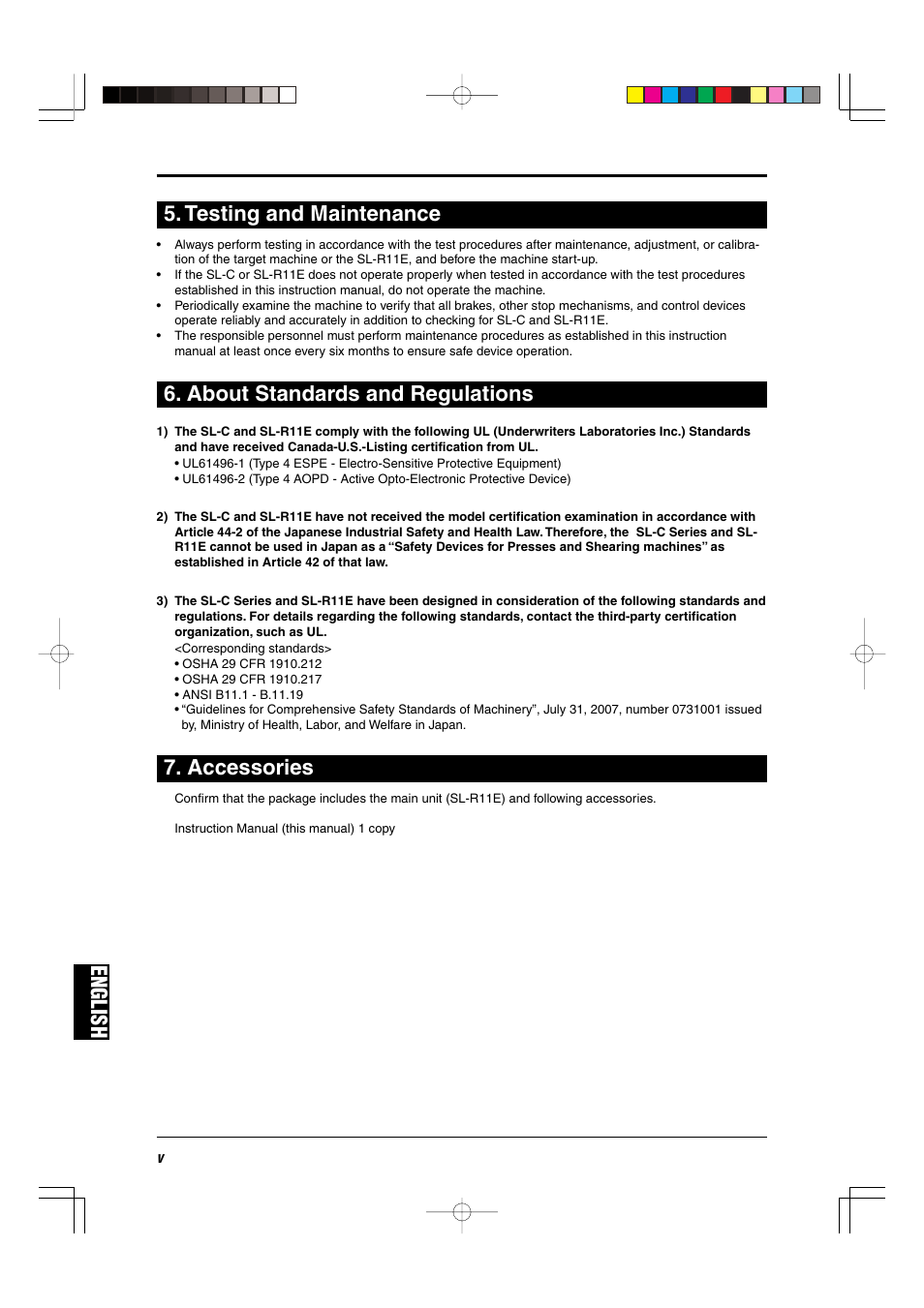 Testing and maintenance, About standards and regulations, Accessories | English, English 5. testing and maintenance | KEYENCE SL-R11E User Manual | Page 6 / 46