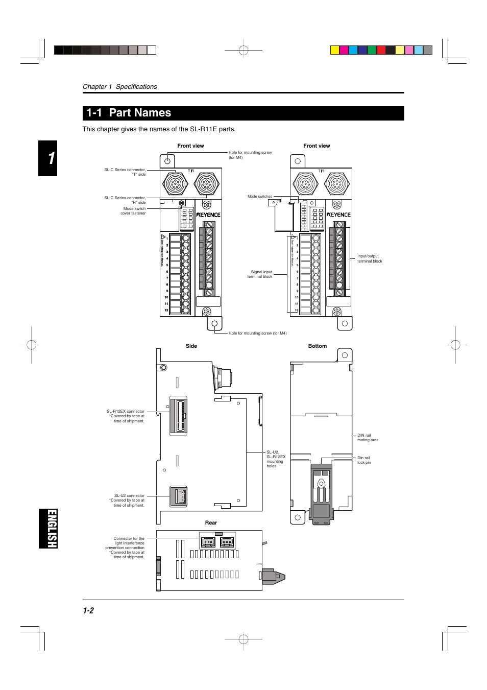 1 part names, English, English 1-1 part names | Chapter 1 specifications, This chapter gives the names of the sl-r11e parts | KEYENCE SL-R11E User Manual | Page 8 / 46