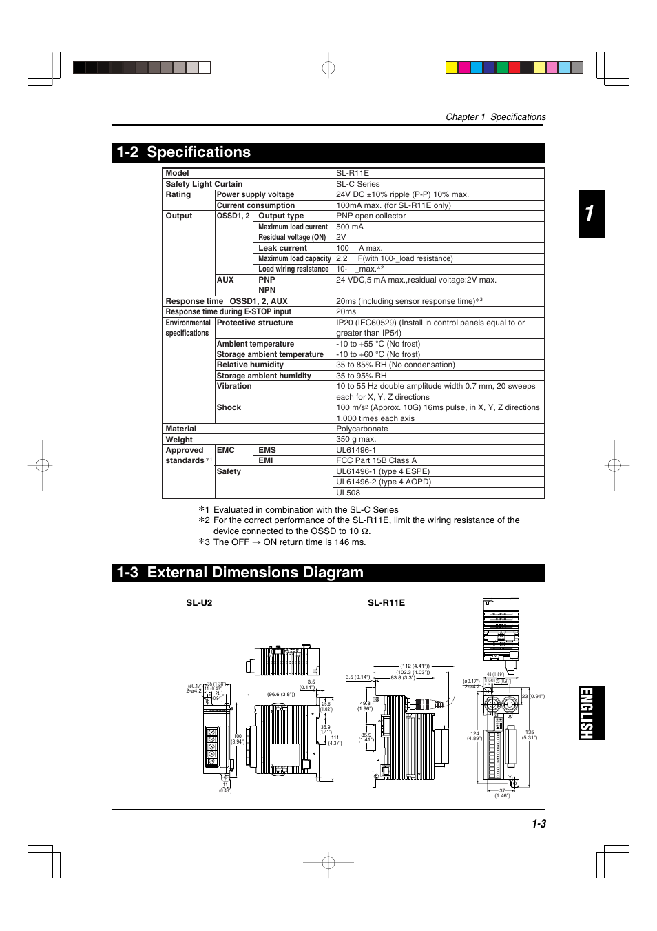 2 specifications, 3 external dimensions diagram, English 1-2 specifications | KEYENCE SL-R11E User Manual | Page 9 / 46