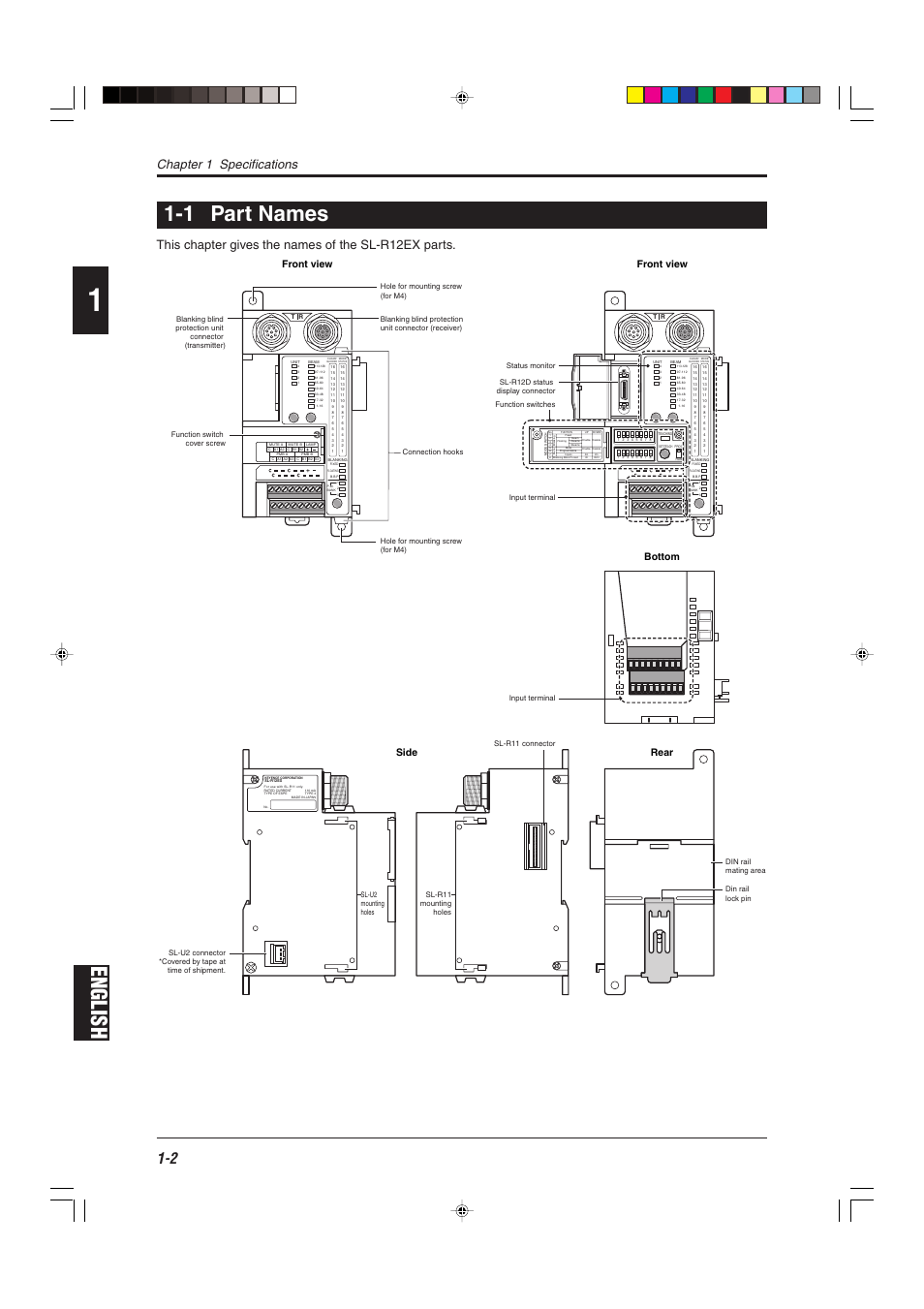 1 part names, English, English 1-1 part names | Chapter 1 specifications, This chapter gives the names of the sl-r12ex parts, Front view side front view rear, Bottom | KEYENCE SL-R12EX User Manual | Page 10 / 76