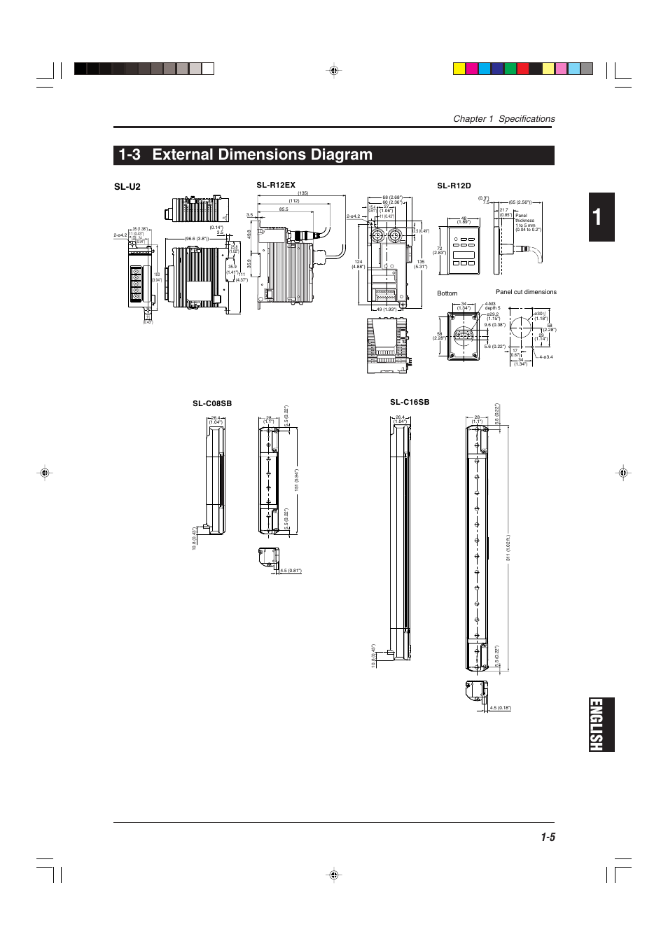 3 external dimensions diagram, English 1-3 external dimensions diagram, Chapter 1 specifications | Sl-u2, Sl-r12ex sl-r12d, Sl-c08sb, Sl-c16sb | KEYENCE SL-R12EX User Manual | Page 13 / 76