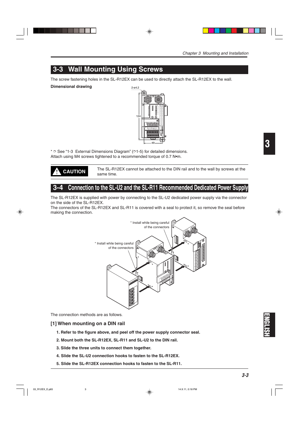 3 wall mounting using screws, English 3-3 wall mounting using screws, Caution | 1] when mounting on a din rail, Clear/ blocked mode status, Chapter 3 mounting and installation, The connection methods are as follows | KEYENCE SL-R12EX User Manual | Page 37 / 76