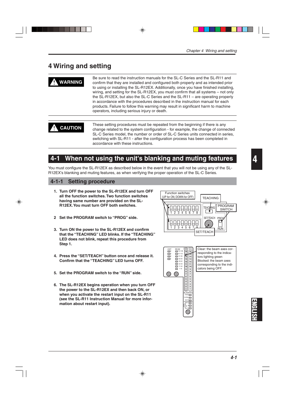 4 wiring and setting, 1-1 setting procedure, English 4 wiring and setting | Warning, Caution, Chapter 4 wiring and setting | KEYENCE SL-R12EX User Manual | Page 39 / 76