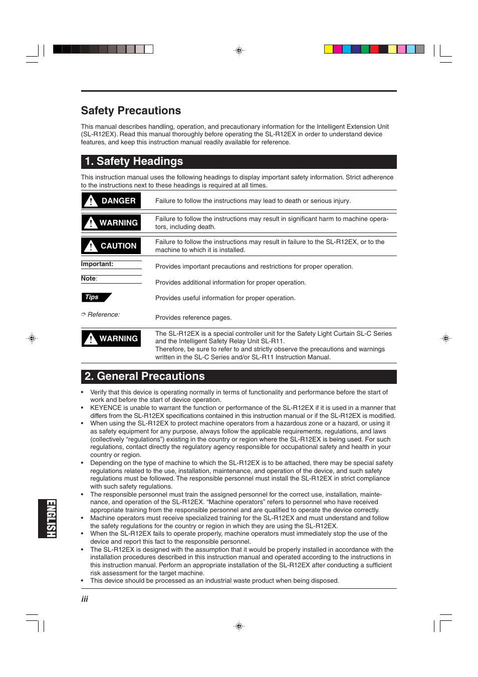 Safety precautions, Safety headings, General precautions | English, English safety precautions | KEYENCE SL-R12EX User Manual | Page 4 / 76