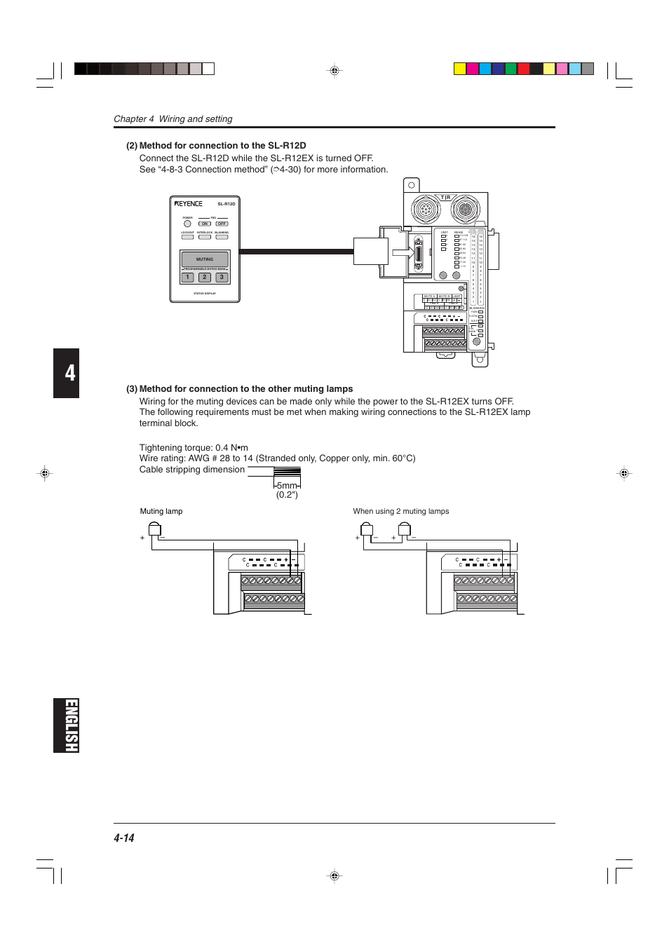 English, Chapter 4 wiring and setting, Muting lamp + – when using 2 muting lamps | KEYENCE SL-R12EX User Manual | Page 52 / 76