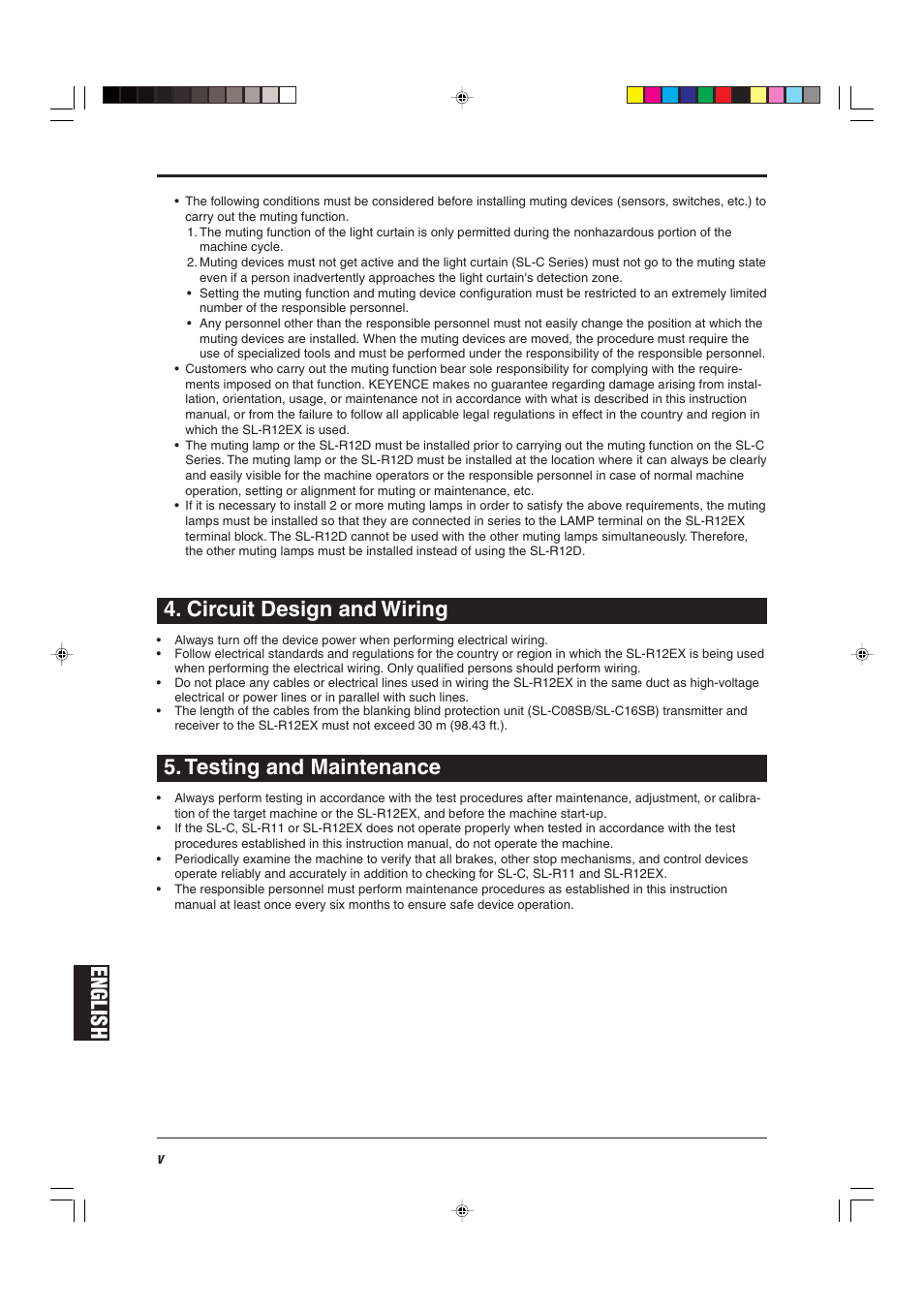 Circuit design and wiring, Testing and maintenance, English | KEYENCE SL-R12EX User Manual | Page 6 / 76