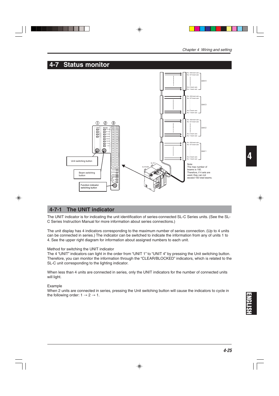 7 status monitor, 7-1 the unit indicator, English 4-7 status monitor | Chapter 4 wiring and setting | KEYENCE SL-R12EX User Manual | Page 63 / 76