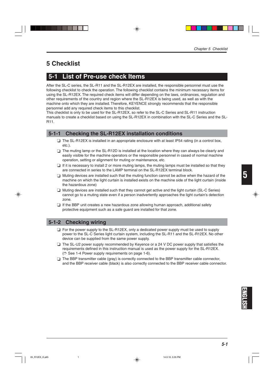 5 checklist, 1 list of pre-use check items, 1-1 checking the sl-r12ex installation conditions | 1-2 checking wiring, English, 5 checklist 5-1 list of pre-use check items | KEYENCE SL-R12EX User Manual | Page 69 / 76