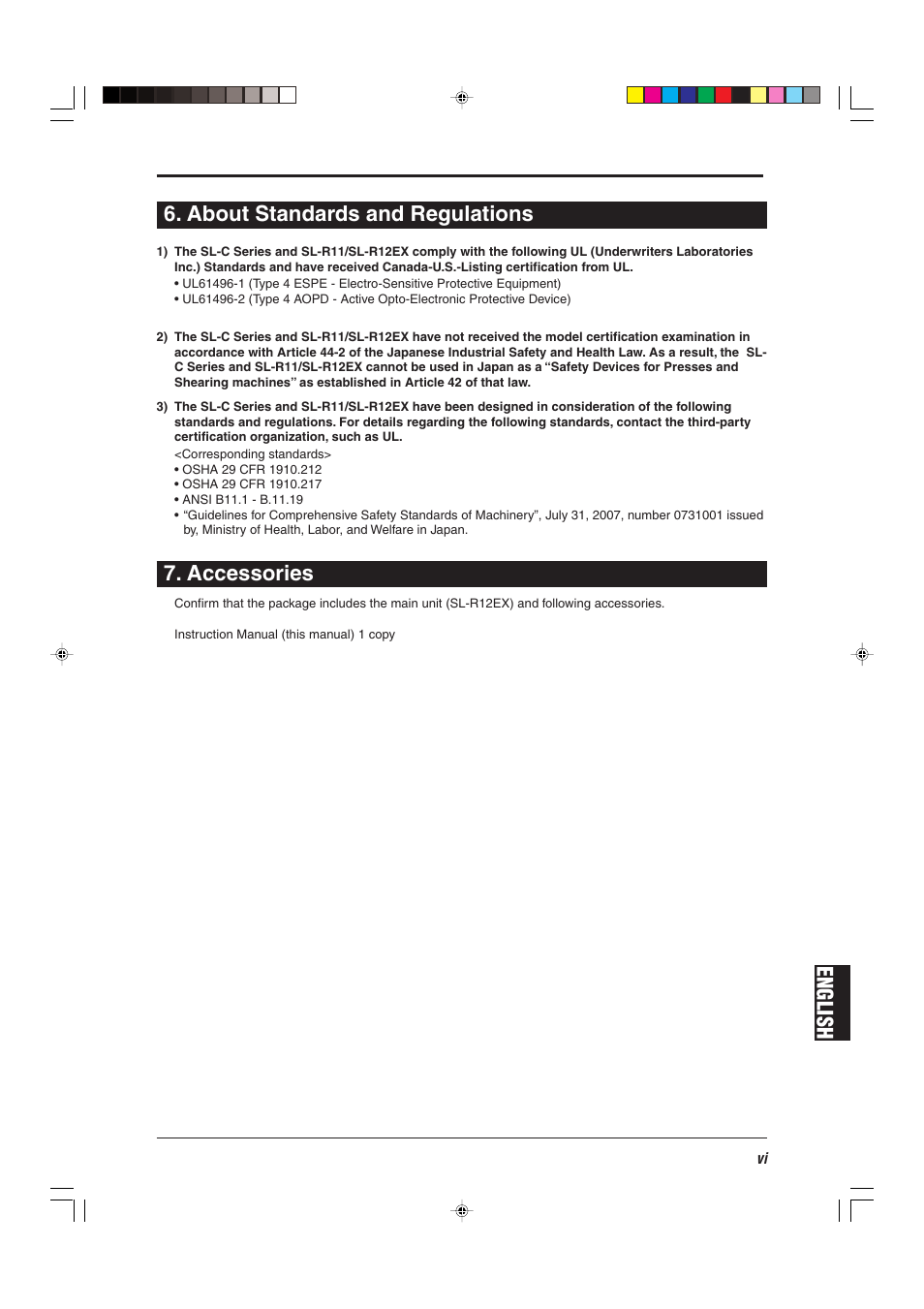 About standards and regulations, Accessories, English 6. about standards and regulations | KEYENCE SL-R12EX User Manual | Page 7 / 76