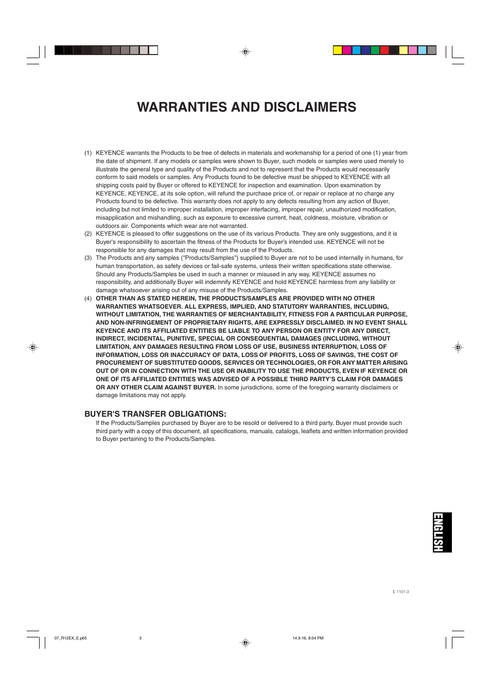 Warranties and disclaimers, English | KEYENCE SL-R12EX User Manual | Page 75 / 76