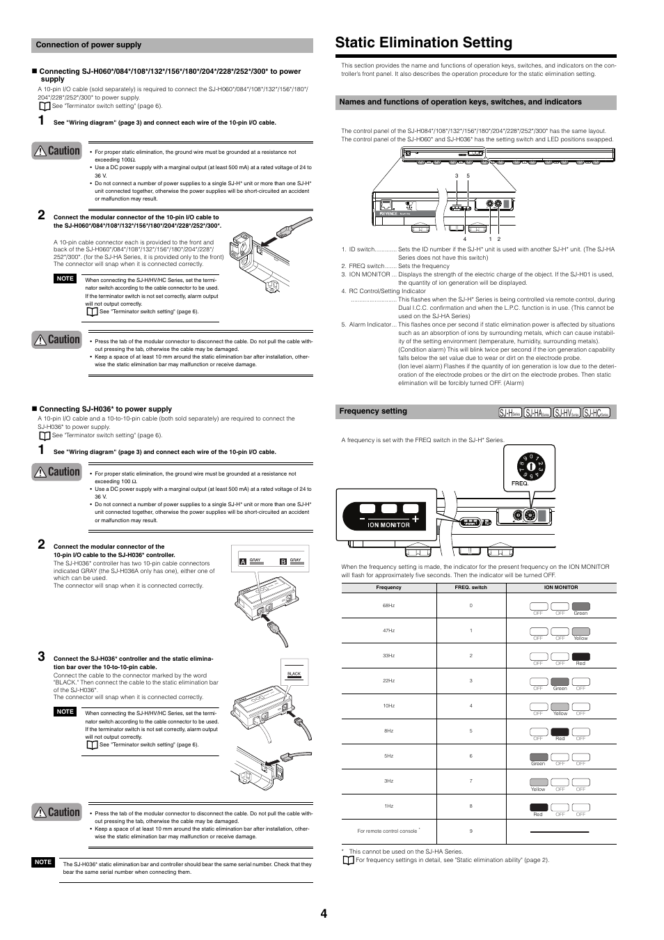 Connection of power supply, Static elimination setting, Frequency setting | Caution, Sj-h, Sj-ha, Sj-hv, Sj-hc | KEYENCE SJ-H Series User Manual | Page 4 / 14