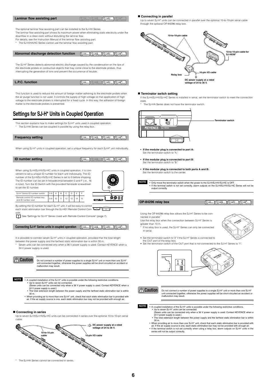 Laminar flow assisting part, Abnormal discharge detection function, L.p.c. function | Settings for sj-h* units in coupled operation, Frequency setting, Id number setting, Connecting sj-h* series units in coupled operation, Op-84296 relay box, Caution, Sj-h | KEYENCE SJ-H Series User Manual | Page 6 / 14