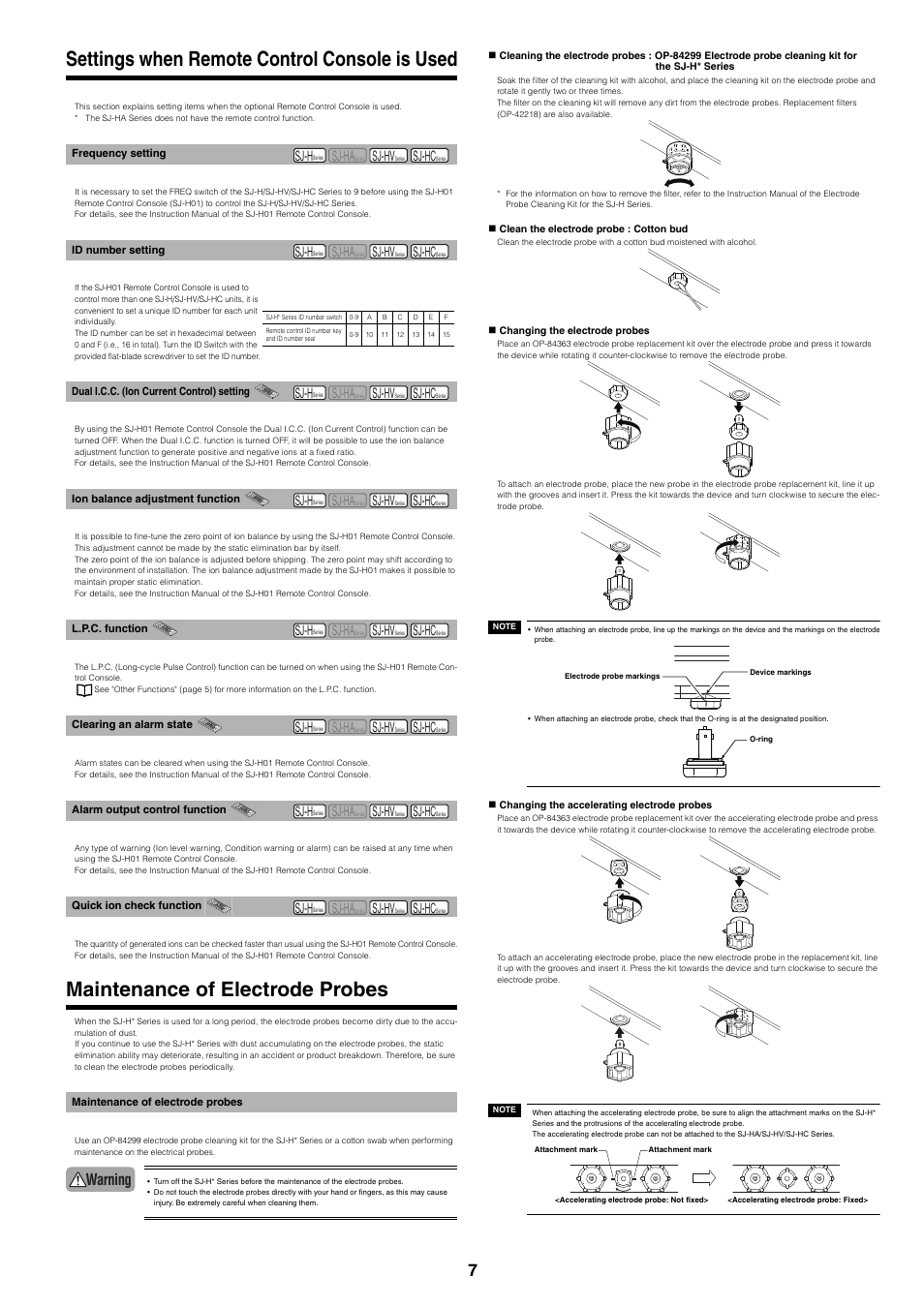 Settings when remote control console is used, Frequency setting, Id number setting | Dual i.c.c. (ion current control) setting, Ion balance adjustment function, L.p.c. function, Clearing an alarm state, Alarm output control function, Quick ion check function, Maintenance of electrode probes | KEYENCE SJ-H Series User Manual | Page 7 / 14