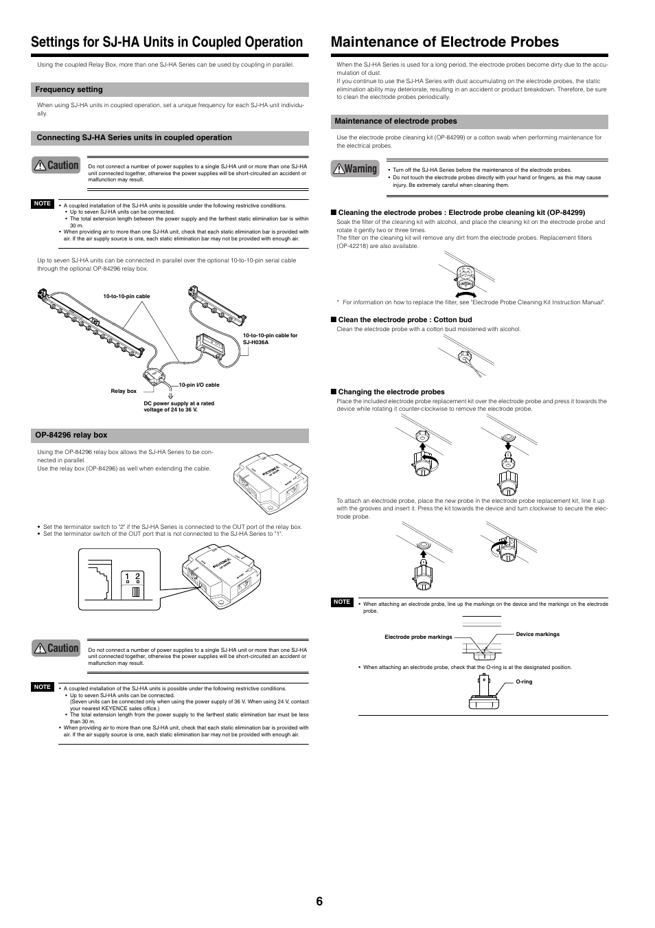 Settings for sj-ha units in coupled operation, Frequency setting, Connecting sj-ha series units in coupled operation | Op-84296 relay box, Maintenance of electrode probes, Caution, Warning | KEYENCE SJ-HA Series User Manual | Page 6 / 12
