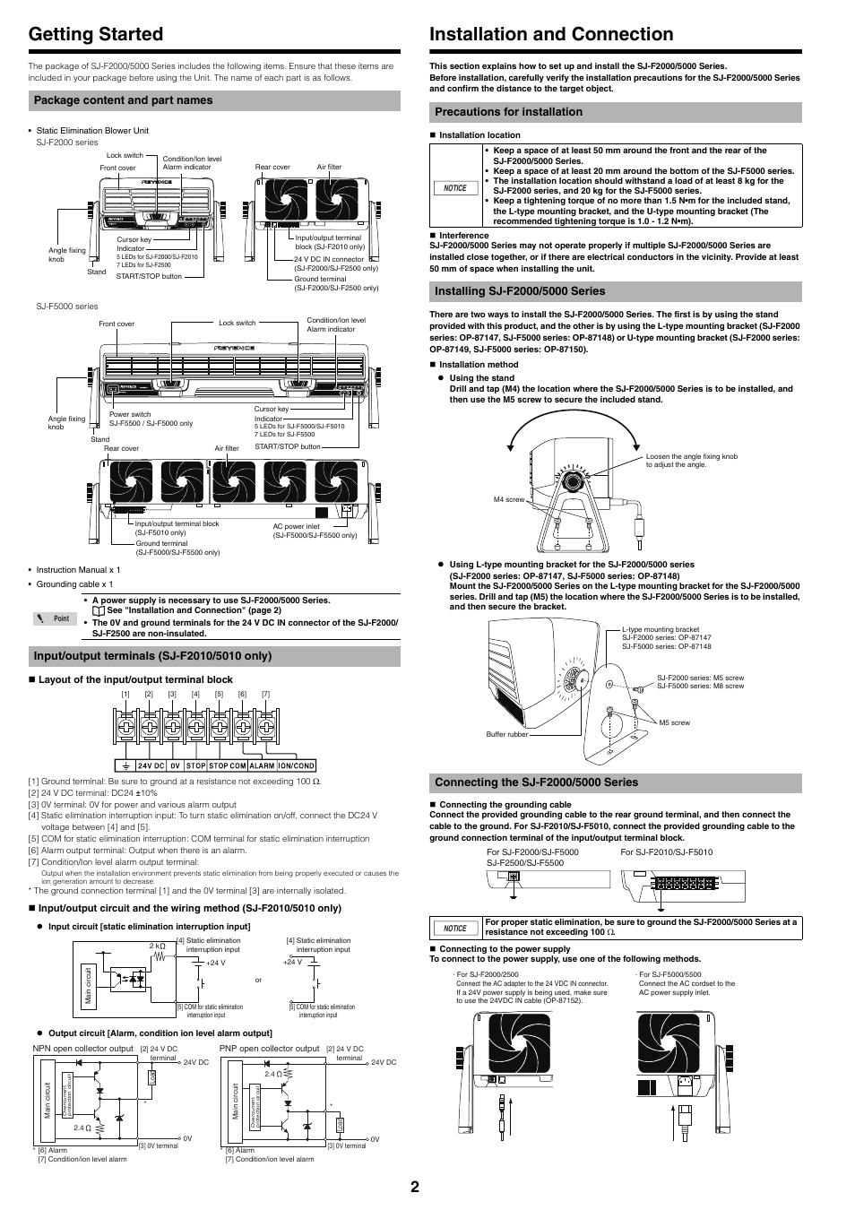 Getting started, Package content and part names, Input/output terminals (sj-f2010/5010 only) | Installation and connection, Precautions for installation, Installing sj-f2000/5000 series, Connecting the sj-f2000/5000 series | KEYENCE SJ-F5000 Series User Manual | Page 2 / 4